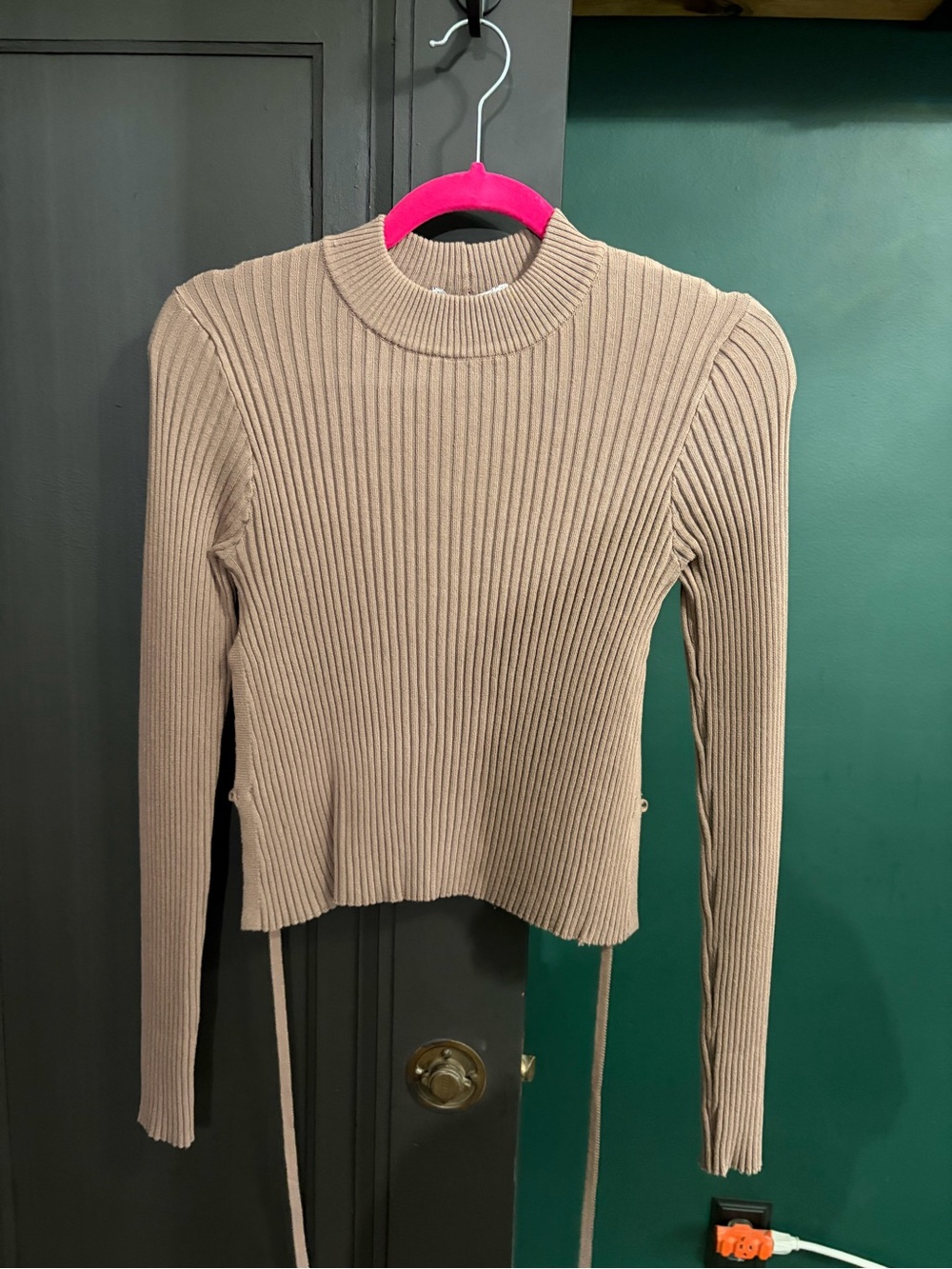 Zara Taupe Ribbed Mock Neck Long-Sleeve Top with Side Ties